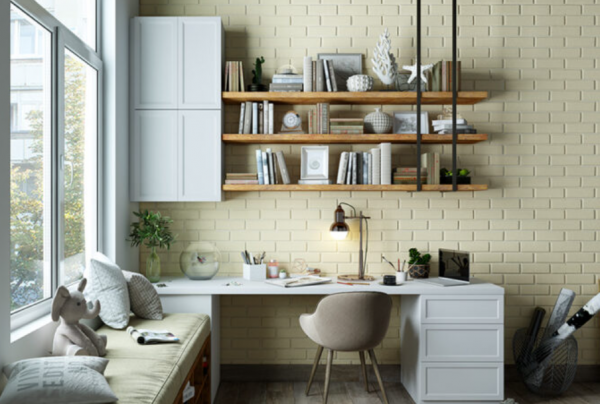 Meja belajar bergaya skandinavia dengan warna terang